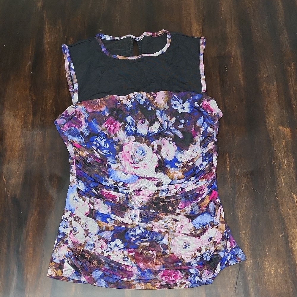 Cache Multicolor Floral Tank Top with Black Lace